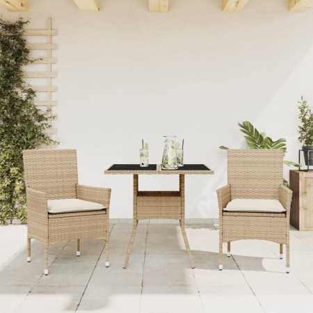 Set comedor jardín 3 pzas cojines ratán sintético vidrio beige en Conjuntos de jardín | Comprar online en Foru.es
