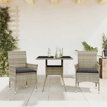 Set comedor jardín 3 pzas y cojines ratán PE vidrio gris claro en Conjuntos de jardín | Comprar online en Foru.es