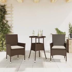 Set comedor jardín 3 pzas cojines ratán sintético vidrio marrón en Conjuntos de jardín | Comprar online en Foru.es