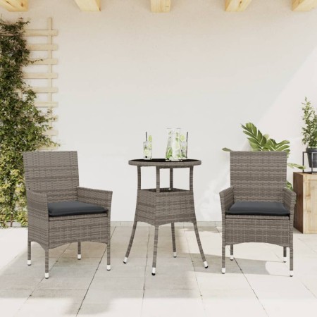 Set comedor jardín 3 pzas y cojines ratán sintético vidrio gris en Conjuntos de jardín | Comprar online en Foru.es