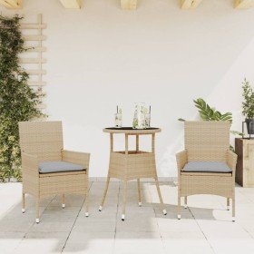 Set comedor jardín 3 pzas cojines ratán sintético vidrio beige en Conjuntos de jardín | Comprar online en Foru.es