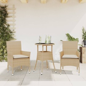 Set comedor jardín 3 pzas cojines ratán sintético vidrio beige en Conjuntos de jardín | Comprar online en Foru.es