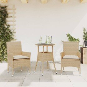 Set comedor jardín 3 pzas cojines ratán sintético vidrio beige en Conjuntos de jardín | Comprar online en Foru.es