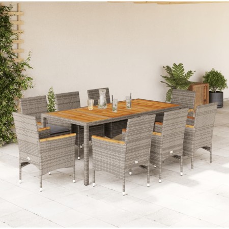 Set de comedor jardín 9 pzas con cojines ratán PE acacia gris en Conjuntos de jardín | Comprar online en Foru.es