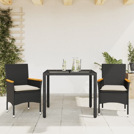 Set comedor jardín 3 pzas cojines ratán sintético vidrio negro en Conjuntos de jardín | Comprar online en Foru.es