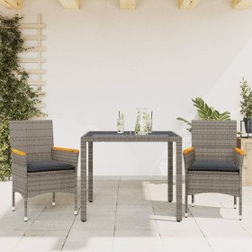 Set comedor jardín 3 pzas y cojines ratán sintético vidrio gris en Conjuntos de jardín | Comprar online en Foru.es
