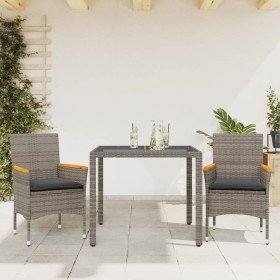 Set comedor jardín 3 pzas y cojines ratán sintético vidrio gris en Conjuntos de jardín | Comprar online en Foru.es