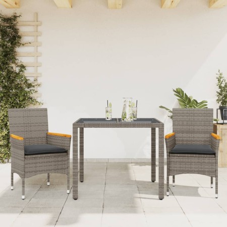 Set comedor jardín 3 pzas y cojines ratán sintético vidrio gris en Conjuntos de jardín | Comprar online en Foru.es
