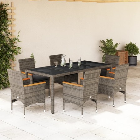 Set comedor jardín 7 pzas y cojines ratán sintético vidrio gris en Conjuntos de jardín | Comprar online en Foru.es