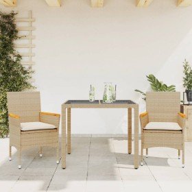Set comedor jardín 3 pzas cojines ratán sintético vidrio beige en Conjuntos de jardín | Comprar online en Foru.es