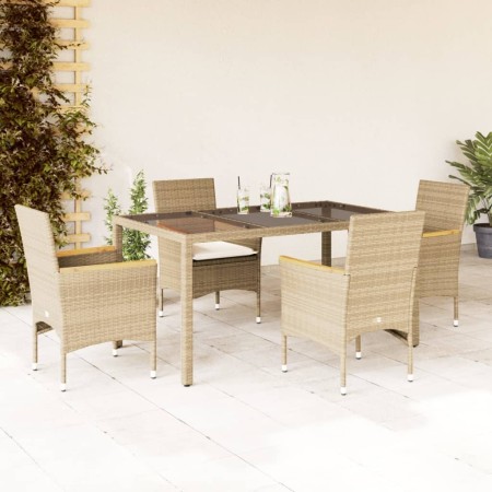 Set comedor jardín 5 pzas cojines ratán sintético vidrio beige en Conjuntos de jardín | Comprar online en Foru.es
