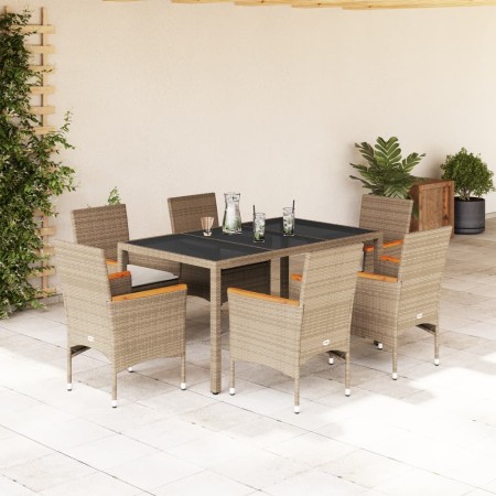 Set comedor jardín 7 pzas cojines ratán sintético vidrio beige en Conjuntos de jardín | Comprar online en Foru.es