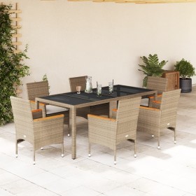 Set comedor jardín 7 pzas cojines ratán sintético vidrio beige en Conjuntos de jardín | Comprar online en Foru.es