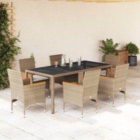 Set comedor jardín 7 pzas cojines ratán sintético vidrio beige en Conjuntos de jardín | Comprar online en Foru.es