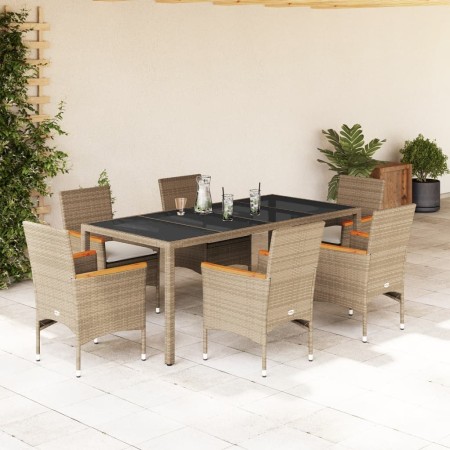 Set comedor jardín 7 pzas cojines ratán sintético vidrio beige en Conjuntos de jardín | Comprar online en Foru.es
