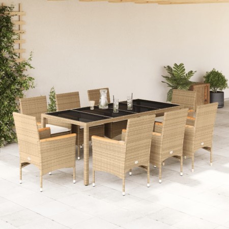 Set comedor jardín 9 pzas cojines ratán sintético vidrio beige en Conjuntos de jardín | Comprar online en Foru.es