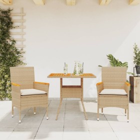 Set de comedor jardín 3 pzas con cojines ratán PE acacia beige en Conjuntos de jardín | Comprar online en Foru.es