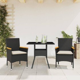 Set comedor jardín 3 pzas cojines ratán sintético vidrio negro en Conjuntos de jardín | Comprar online en Foru.es