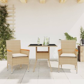 Set comedor jardín 3 pzas cojines ratán sintético vidrio beige en Conjuntos de jardín | Comprar online en Foru.es