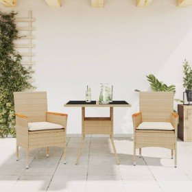 Set comedor jardín 3 pzas cojines ratán sintético vidrio beige en Conjuntos de jardín | Comprar online en Foru.es