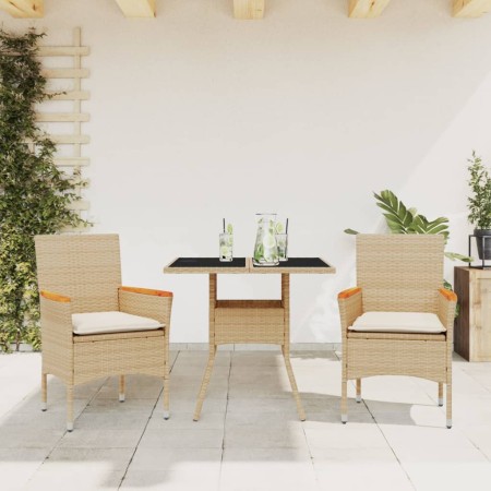 Set comedor jardín 3 pzas cojines ratán sintético vidrio beige en Conjuntos de jardín | Comprar online en Foru.es