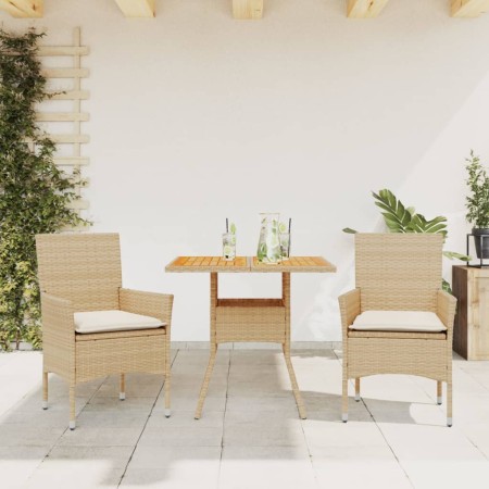 Set de comedor jardín 3 pzas con cojines ratán PE acacia beige en Conjuntos de jardín | Comprar online en Foru.es