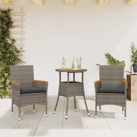 Set de comedor jardín 3 pzas con cojines ratán PE acacia gris en Conjuntos de jardín | Comprar online en Foru.es