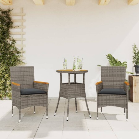 Set de comedor jardín 3 pzas con cojines ratán PE acacia gris en Conjuntos de jardín | Comprar online en Foru.es