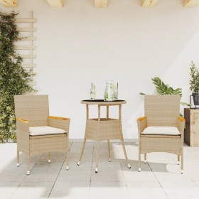 Set comedor jardín 3 pzas cojines ratán sintético vidrio beige en Conjuntos de jardín | Comprar online en Foru.es