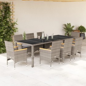 Set comedor jardín 9 pzas y cojines ratán sintético vidrio gris en Conjuntos de jardín | Comprar online en Foru.es