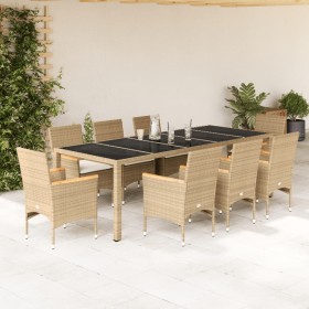 Set comedor jardín 9 pzas cojines ratán sintético vidrio beige en Conjuntos de jardín | Comprar online en Foru.es