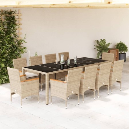 Set comedor jardín 11 pzas cojines ratán sintético vidrio beige en Conjuntos de jardín | Comprar online en Foru.es