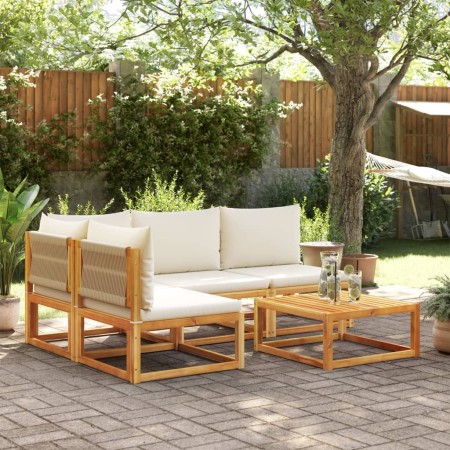 Conjunto de sofá de jardín de 5 piezas con cojines de madera de acacia y cuerda en Sofás de exterior | Comprar online en Foru.es
