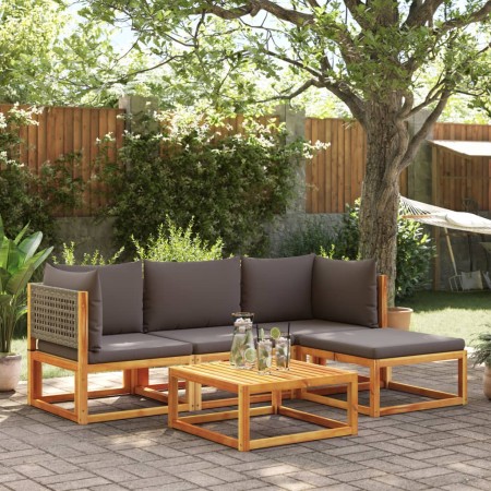 Conjunto de sofá de jardín de 5 piezas con cojines de madera de acacia y ratán en Conjuntos de jardín | Comprar online en Foru.e