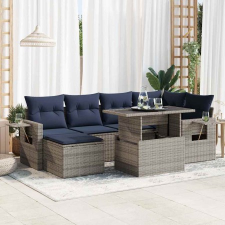 Set sofás jardín y cojines 7 pzas ratán sintético acacia gris de , Conjuntos de jardín - Ref: Foro24-3326512, Precio: 560,07 ...