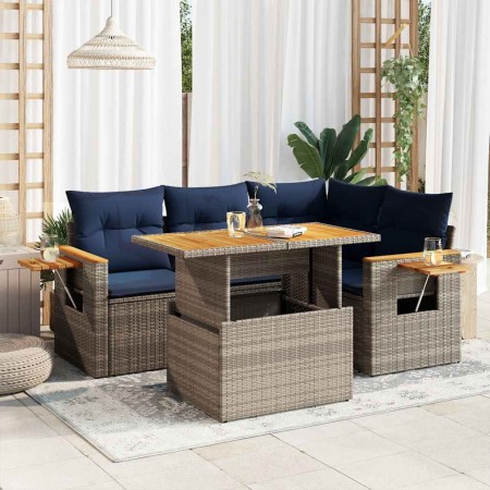 Set sofás jardín y cojines 5 pzas ratán sintético acacia gris de , Conjuntos de jardín - Ref: Foro24-3327596, Precio: 430,98 ...