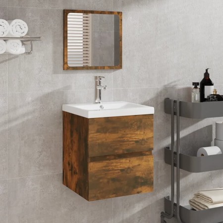 Armario de lavabo con lavamanos y espejo color roble ahumado de , Tocadores de baño - Ref: Foro24-3114176, Precio: 131,08 €, ...