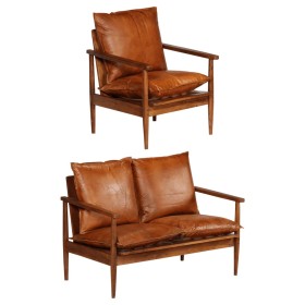 Set sofás 2 pzas marrón cuero auténtico y madera de acacia de , Sofás - Ref: Foro24-3100743, Precio: 655,93 €, Descuento: %