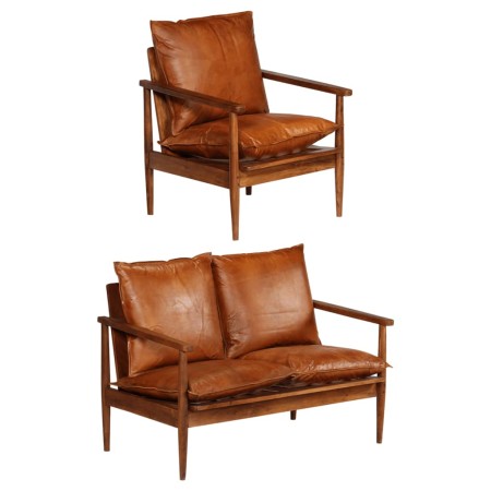 Set sofás 2 pzas marrón cuero auténtico y madera de acacia de , Sofás - Ref: Foro24-3100743, Precio: 655,93 €, Descuento: %
