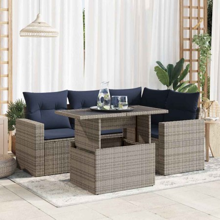 Set sofás jardín y cojines 5 pzas ratán sintético acacia gris de , Conjuntos de jardín - Ref: Foro24-3326312, Precio: 427,03 ...