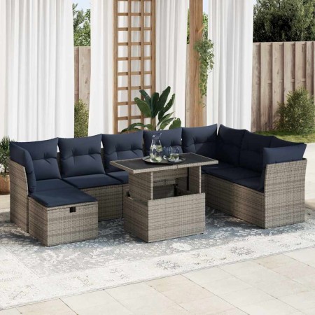 Set sofás jardín y cojines 9 pzas ratán sintético acacia gris de , Conjuntos de jardín - Ref: Foro24-3327801, Precio: 699,33 ...