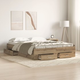 Cama con cajones madera de ingeniería roble artisan 135x190 cm de , Camas y somieres - Ref: Foro24-3333976, Precio: 195,11 €,...