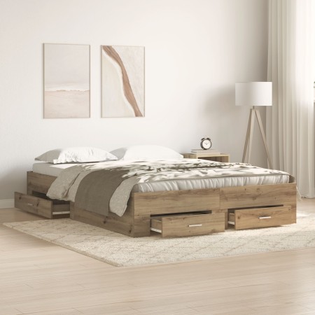 Cama con cajones madera de ingeniería roble artisan 135x190 cm de , Camas y somieres - Ref: Foro24-3333976, Precio: 195,11 €,...