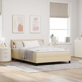 Cama con Base con Colchón Crema 160x200 cm Tela, Cabecero con Diseño de Líneas Crema 160 cm Tela de , Camas y somieres - Ref:...