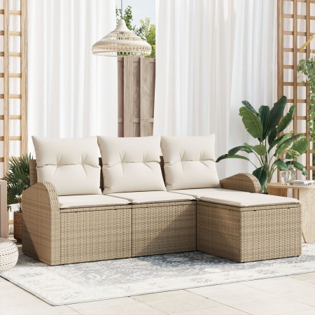 Juego de sofá de jardín de 4 piezas con cojines beige de ratán sintético de , Sofás de exterior - Ref: Foro24-3345991, Precio...