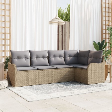 Set de 5 Sofás de Jardín con Cojines Beige de Ratán, Sofá de Jardín de 2 Plazas con Almacenamiento y Cojines Beige de , Sofás...