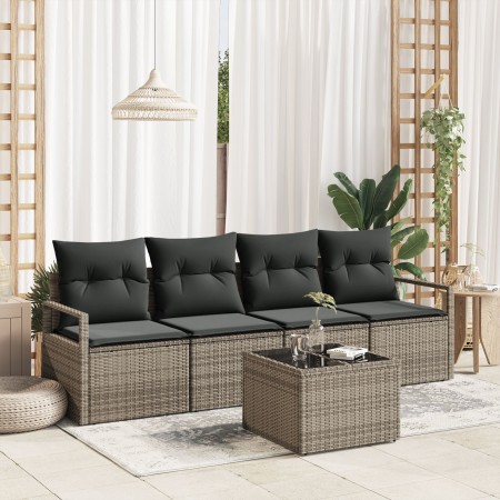 Conjunto Sofás Jardín 5 Piezas con Cojines Gris Poliratán, Sofá Jardín 2 Plazas con Almacenamiento y Cojines Gris Poliratán d...