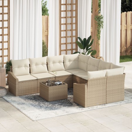 Set de Comedor de Jardín de 9 Piezas con Cojines Beige de Ratán Poliéster de , Sofás de exterior - Ref: Foro24-3355330, Preci...