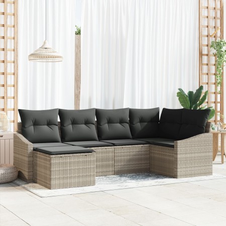 Set de Comedor de Jardín de 6 Piezas con Cojines Ratán Poliéster Gris Claro de , Sofás de exterior - Ref: Foro24-3355461, Pre...