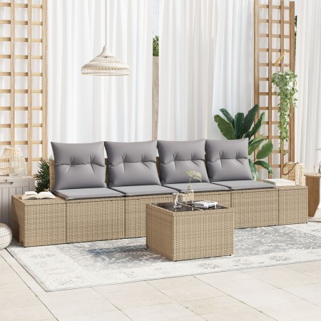 Juego de Sofás de Jardín de 5 Piezas con Cojines Beige Poliratán de , Sofás de exterior - Ref: Foro24-3355599, Precio: 384,94...